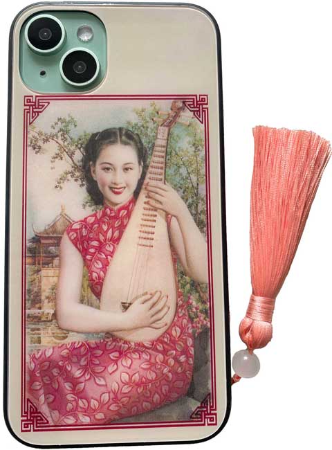 薄黄色の美人画のガラス製スマホケース