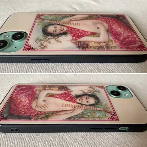 薄黄色の美人画のガラス製スマホケース