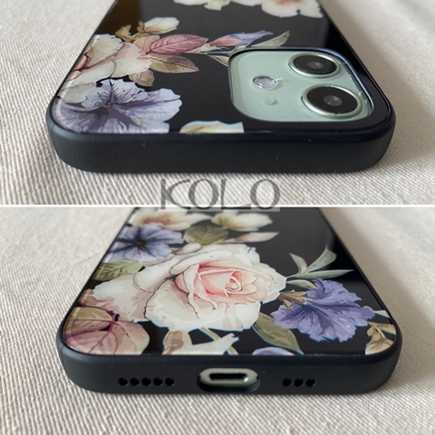 黒花映村柄のガラス製スマホケース