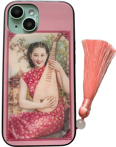 ピンクの美人画のガラス製スマホケース