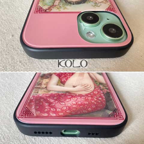 ピンクの美人画のガラス製スマホケース