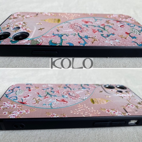 ピンクの瑠璃烏龍柄のスマホケース