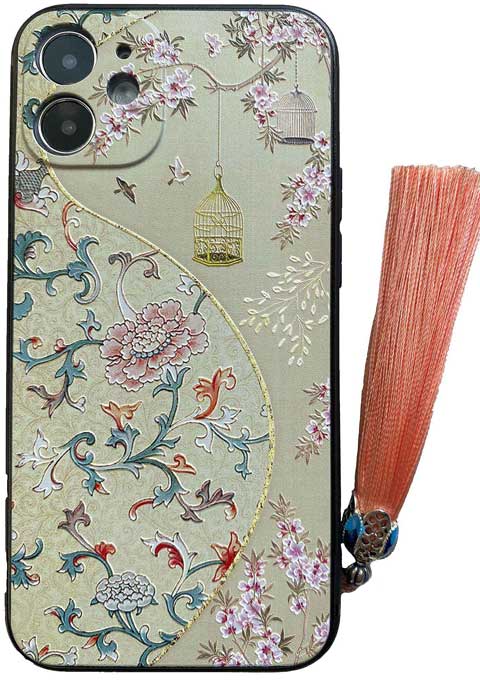 黄色の瑠璃烏龍柄のスマホケース