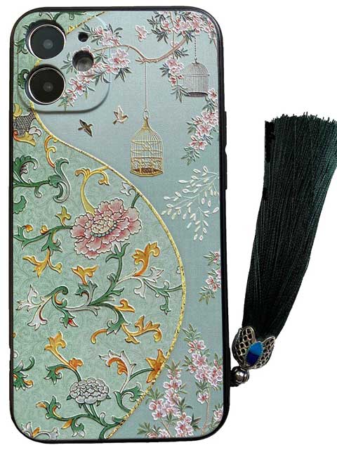 黄緑の瑠璃烏龍柄のスマホケース