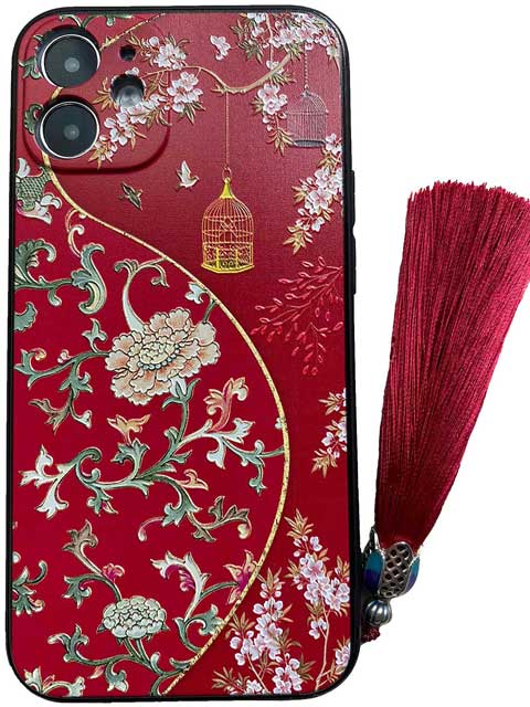 ワインレッドの瑠璃烏龍柄のスマホケース