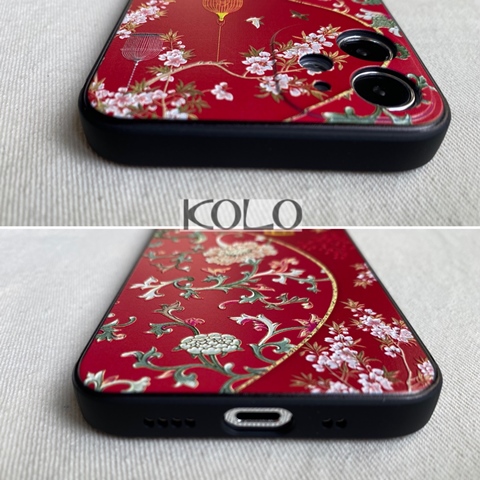 ワインレッドの瑠璃烏龍柄のスマホケース