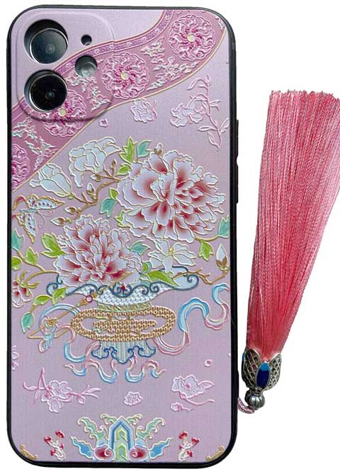 ピンクの牡丹柄のチャイナ服のスマホケース