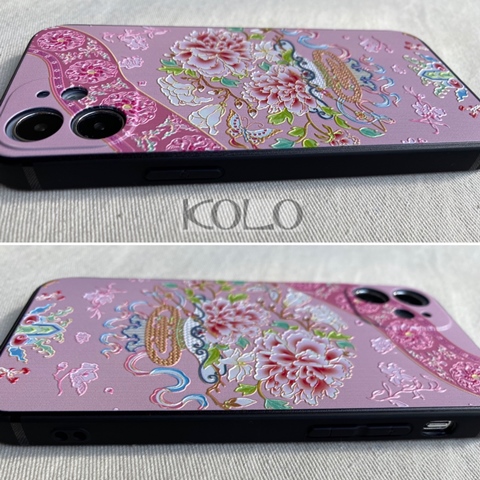 ピンクの牡丹柄のチャイナ服のスマホケース