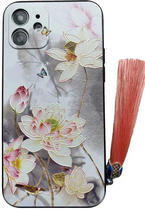 白の蝶と蓮柄のスマホケース