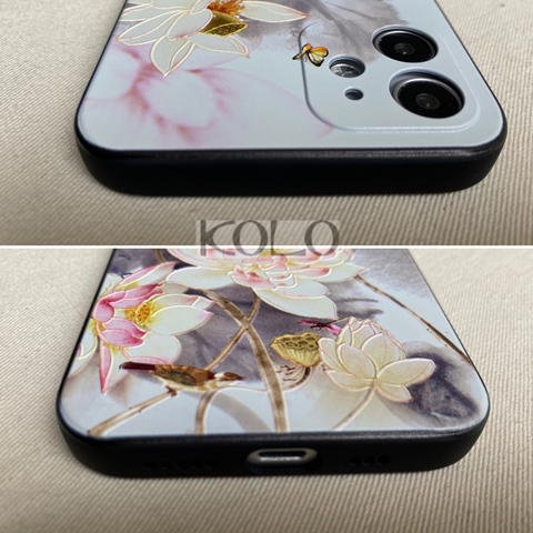 白の蝶と蓮柄のスマホケース