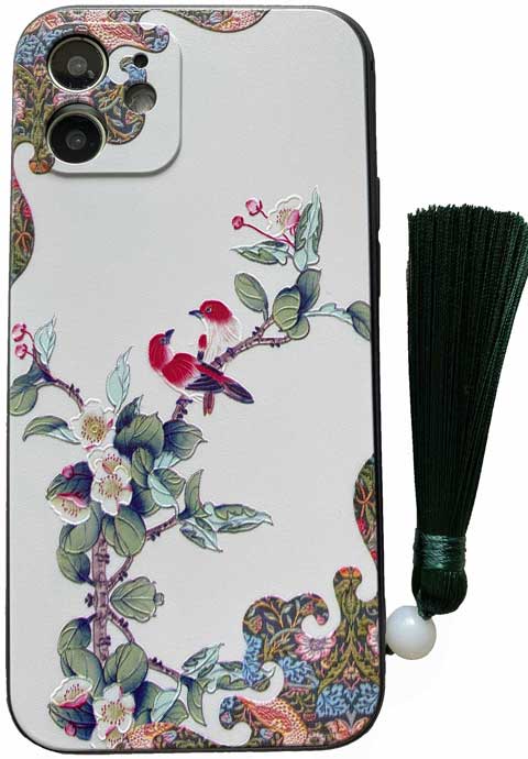 白花鳥如意柄のスマホケース
